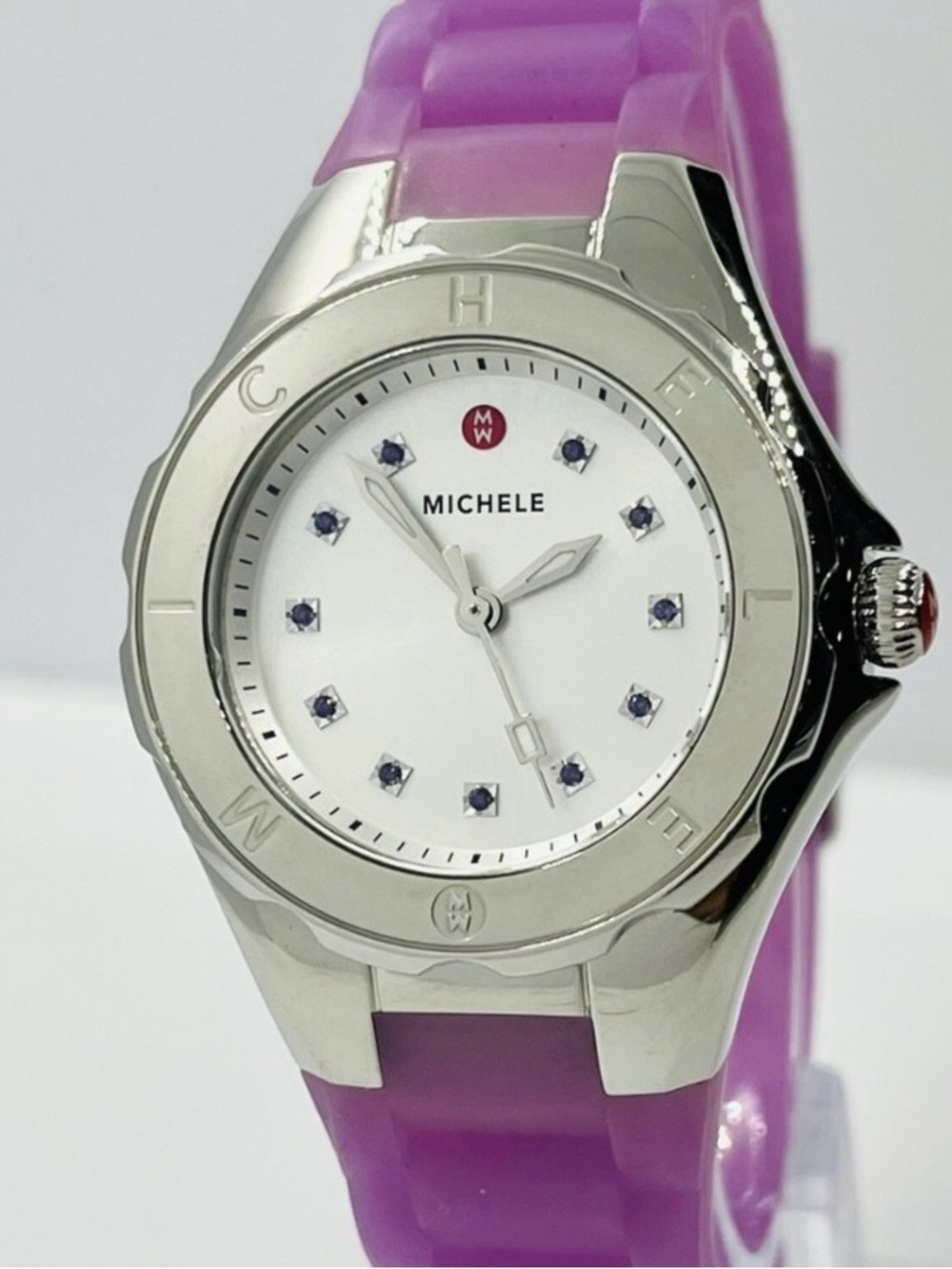 Michele Silver Case Watch with Purple Silicone Strap
